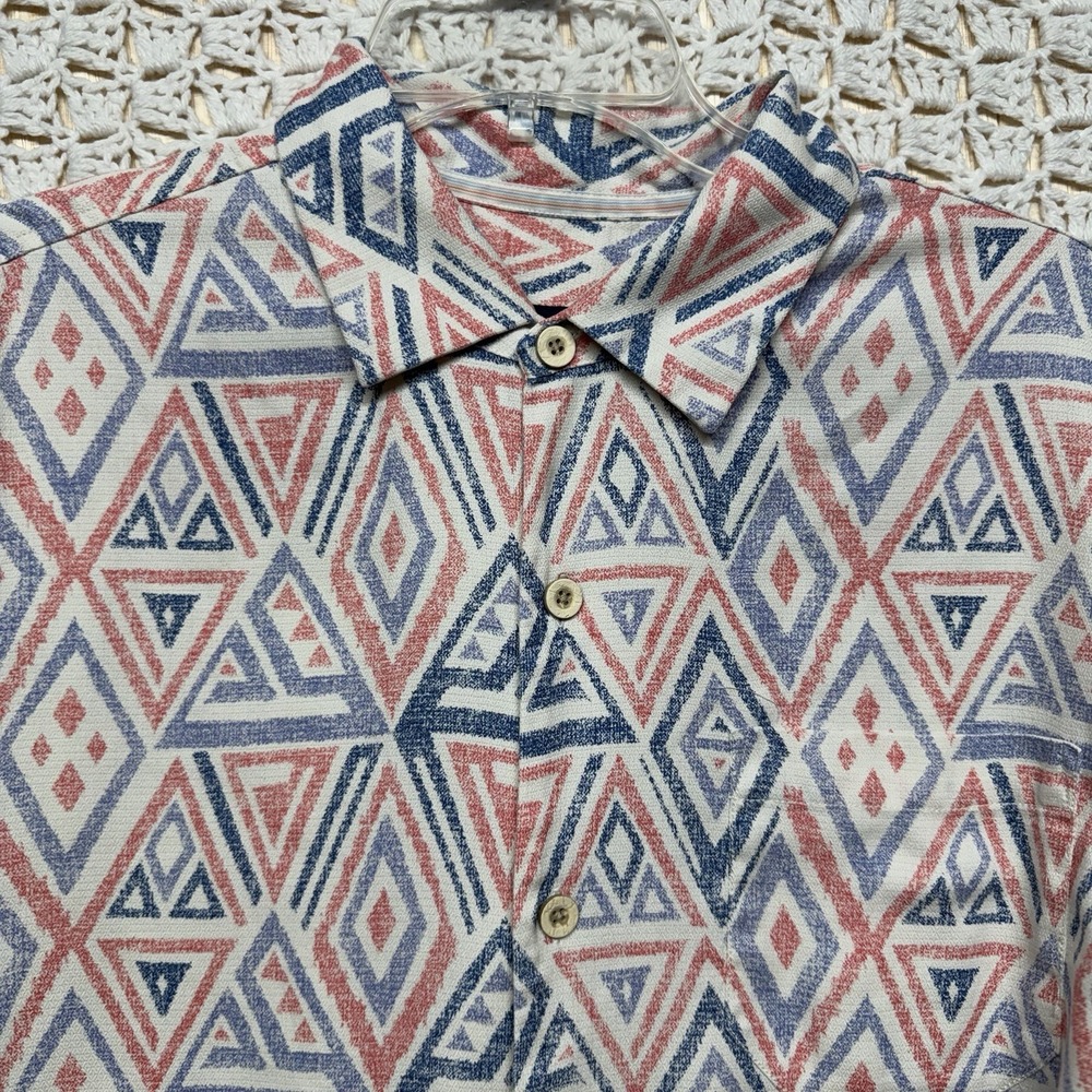 Vtg Tommy Bahama Shirt Mens M Red Blue Triangle Silk Blend Short Slv Button Up